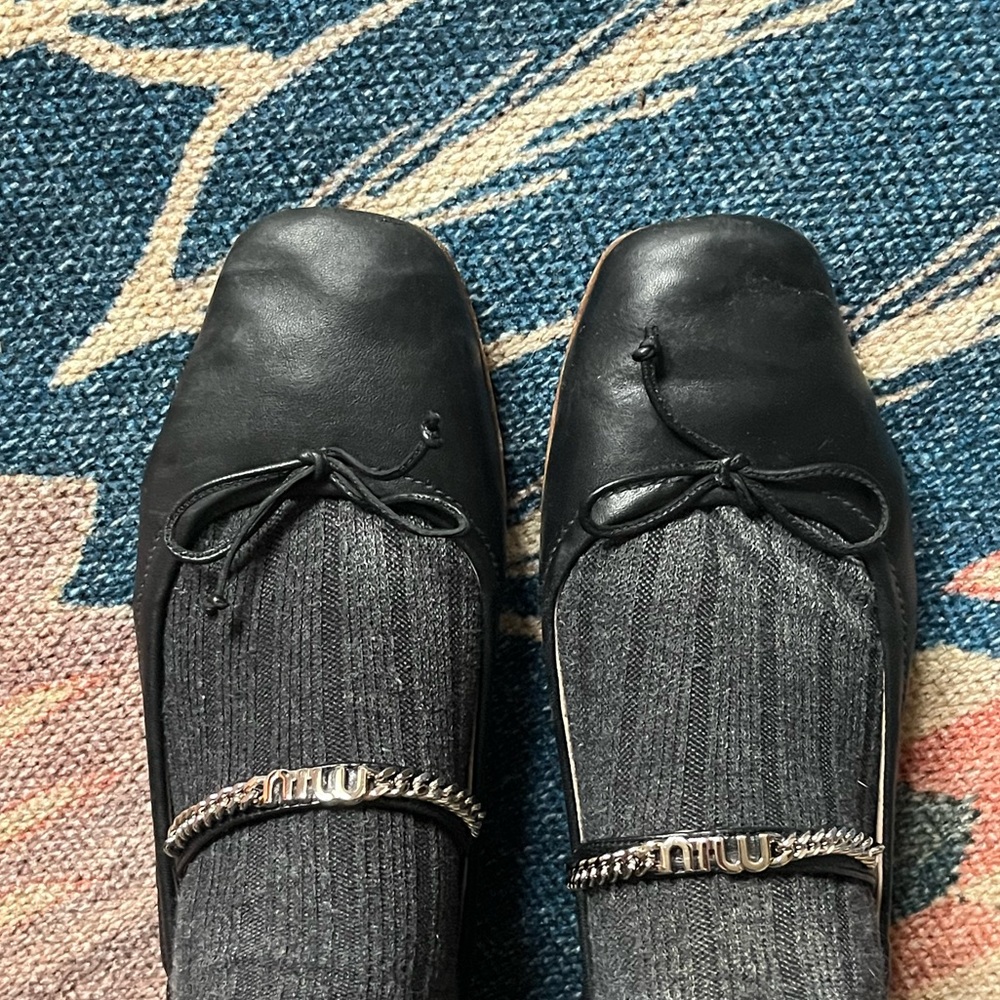 Miu Miu Black Leather Ballet Flats Silver Miu Miu Mary Jane Strap size 8